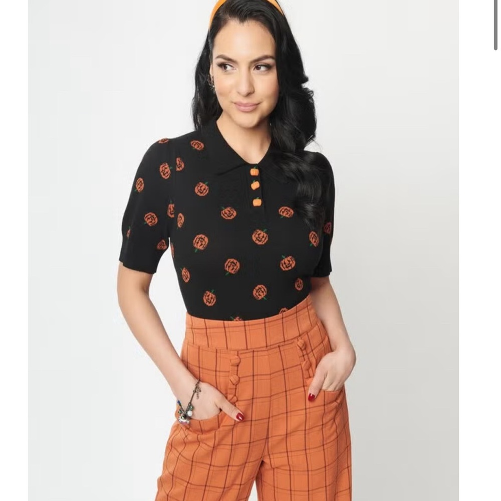 Unique Vintage Black Pumpkin Dot Prim & Pretty Sweater